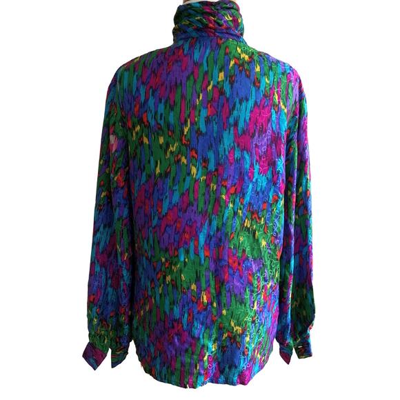 Galinda Silk Colorful Turtleneck Button Up Shirt Multi 100% Silk Long Sleeve - Picture 3 of 4